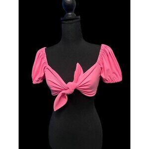 Susana Monaco Pink Short Sleeve Tie-Front Crop Top, Ballon Sleeve, Summer, beach